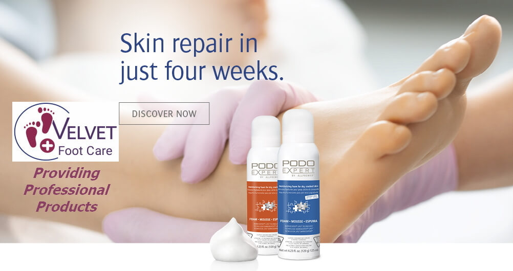 Image of a foot being treated by a foam cream, text  
