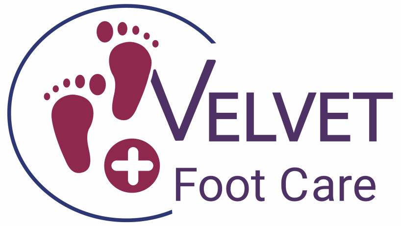 Logo showing a circle, two feet, a medical red cross & company name Velvet Foot Care